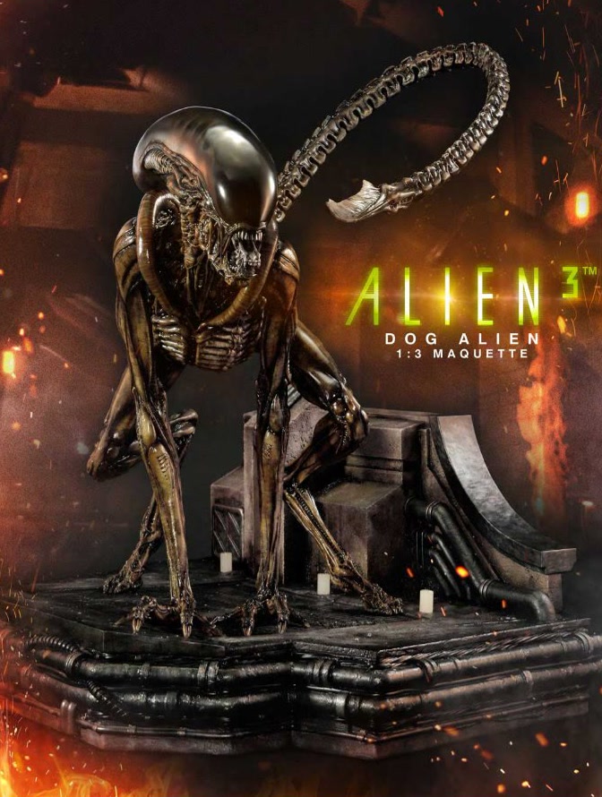 Extrait du moodboard : une statue d'Alien sur un socle industriel, dans des lueurs orange.