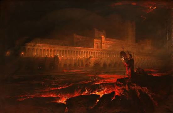 Pandémonium, tableau de John Martin : un palais embrasé au bord d'un lac de feu.