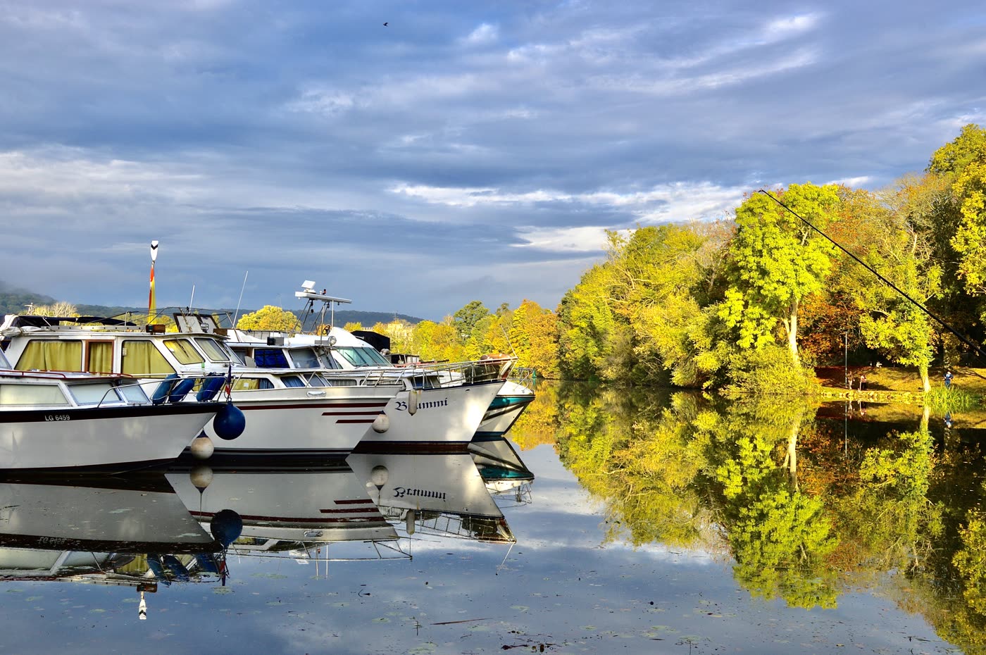Des bateaux amarrés au port, devant des arbres d'automne.